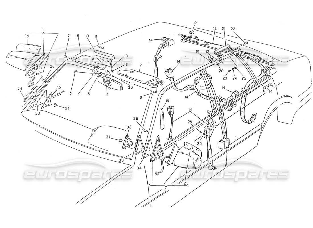 maserati 418 / 4.24v / 430 cinturones de seguridad, espejo retrovisor y diagrama de piezas de visera solar
