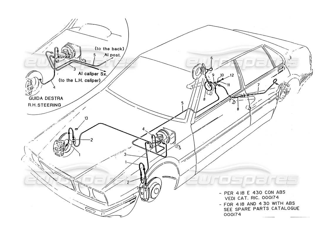 maserati 418 / 4.24v / 430 tubería de freno de potencia diagrama de piezas