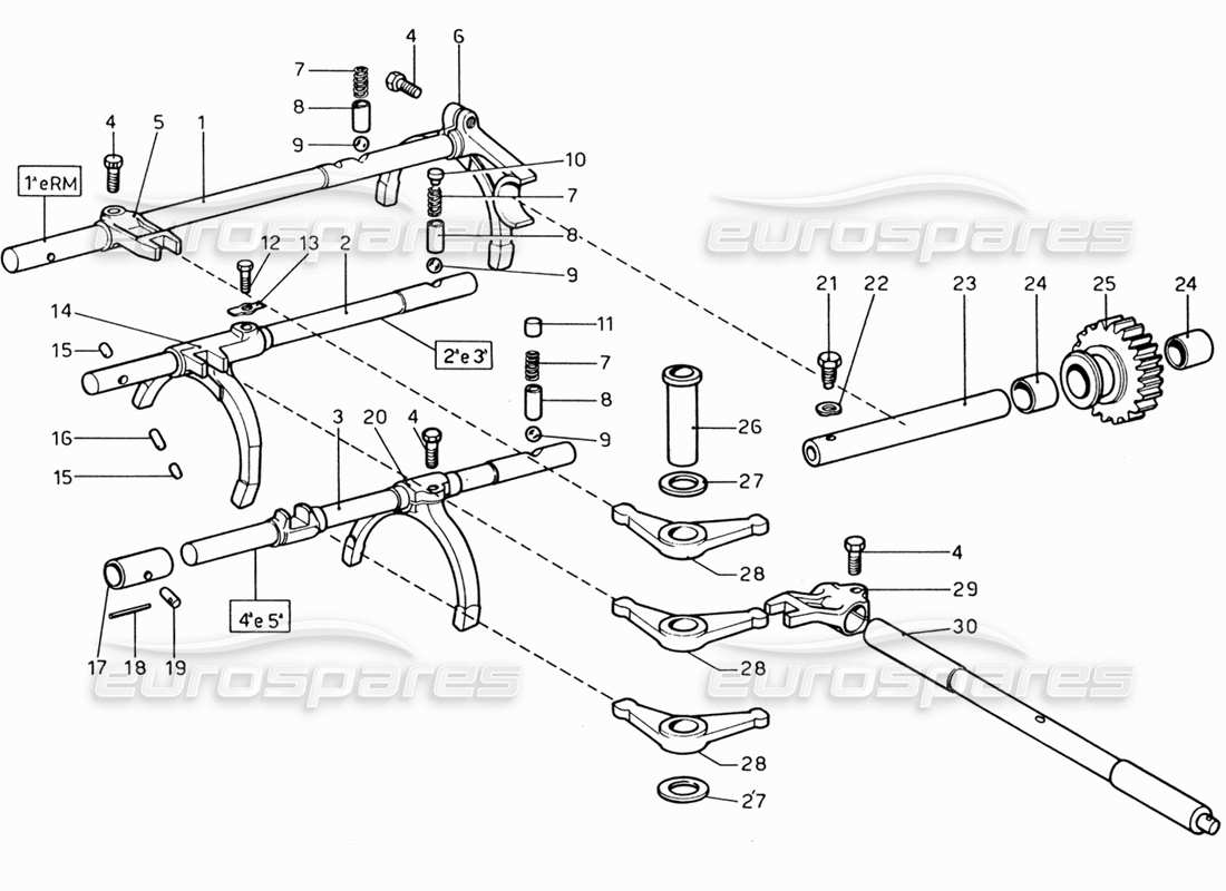 ferrari 206 gt dino (1969) diagrama de piezas de los controles internos de la caja de cambios