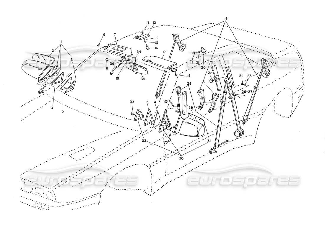 maserati ghibli 2.8 (non abs) diagrama de piezas de cinturones de seguridad, espejo retrovisor y parasoles