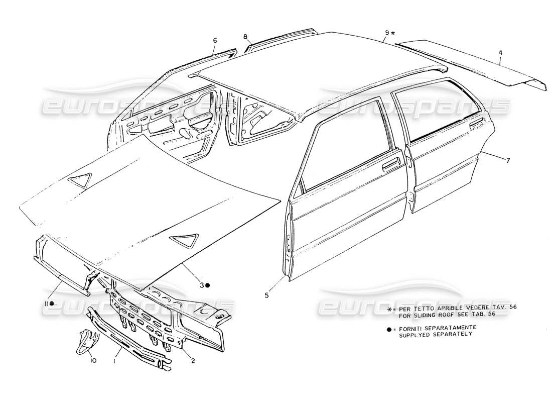 maserati 418 / 4.24v / 430 diagrama de piezas de carrocería: parte delantera, techo, puertas y capós
