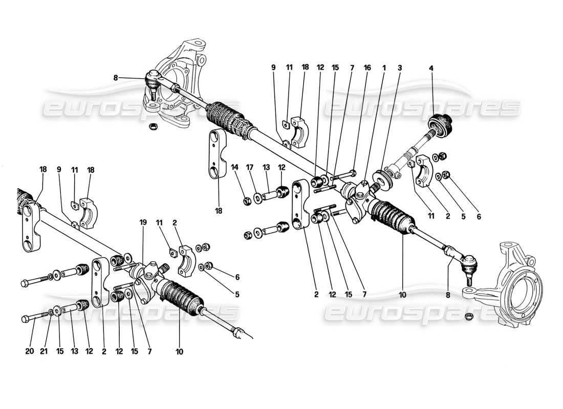 ferrari 328 (1988) diagrama de piezas de caja de dirección y varillaje