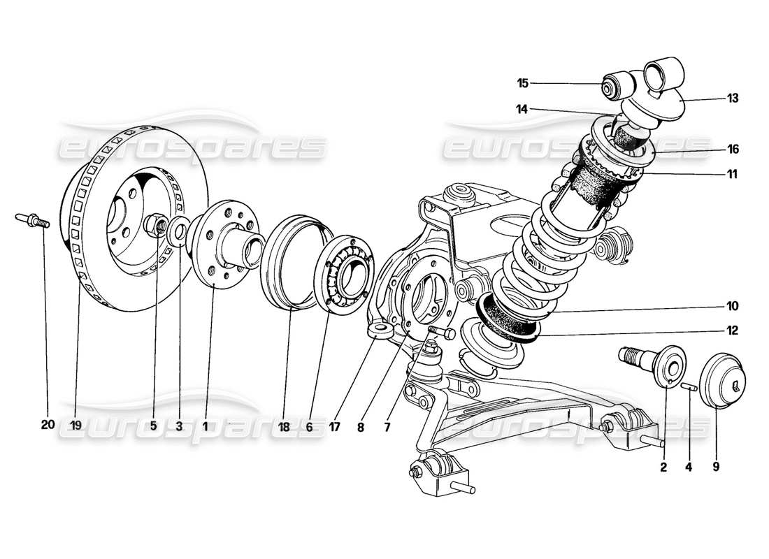ferrari 328 (1988) suspensión delantera: diagrama de piezas de amortiguador y disco de freno (hasta el n.° de automóvil 76625)
