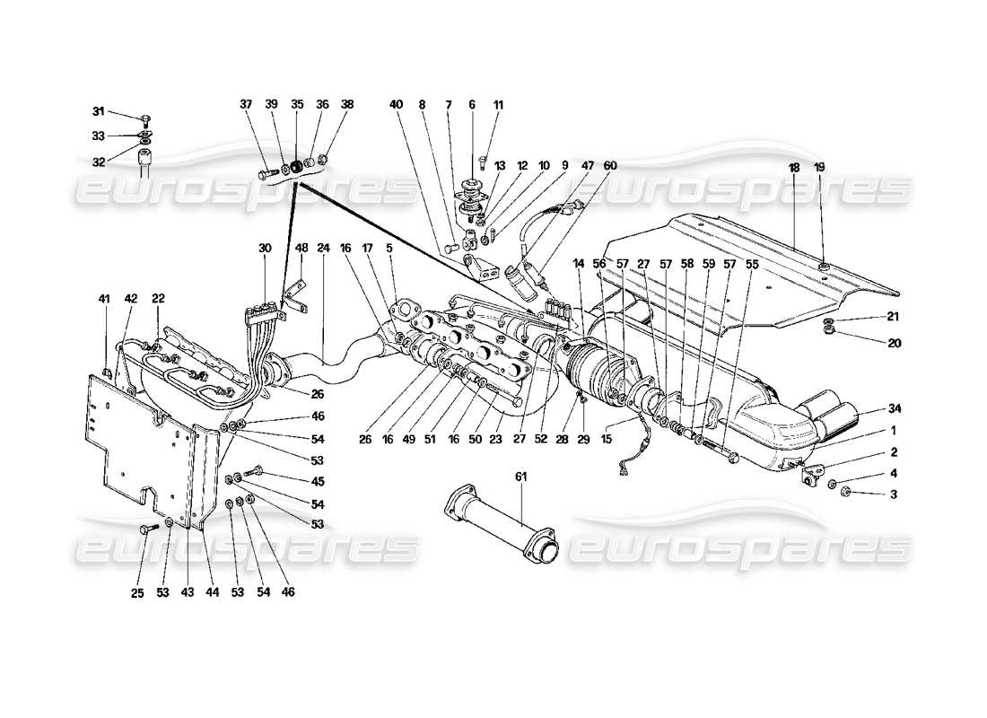 ferrari mondial 3.2 qv (1987) diagrama de piezas del sistema de escape (para versiones de ee. uu. y sa)