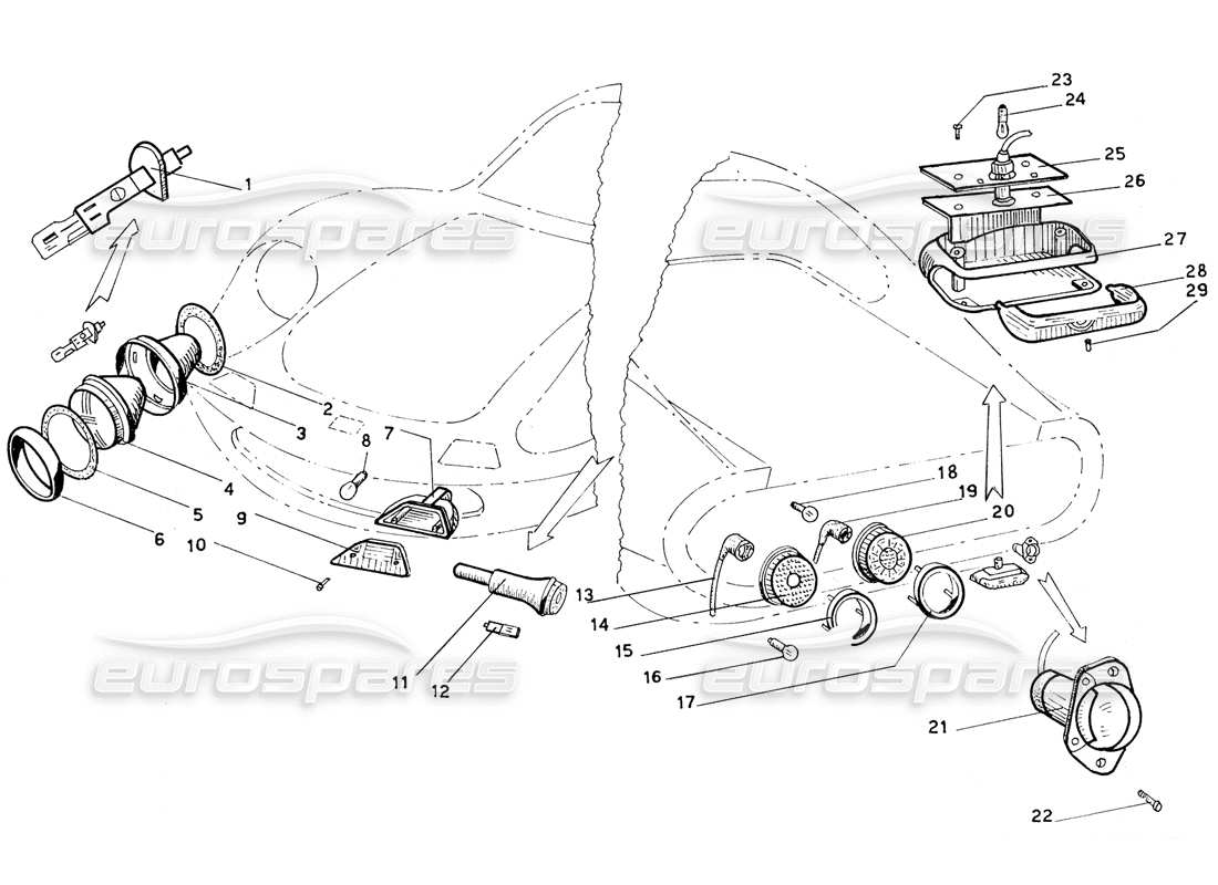 ferrari 206 gt dino (coachwork) luces delanteras y traseras diagrama de piezas