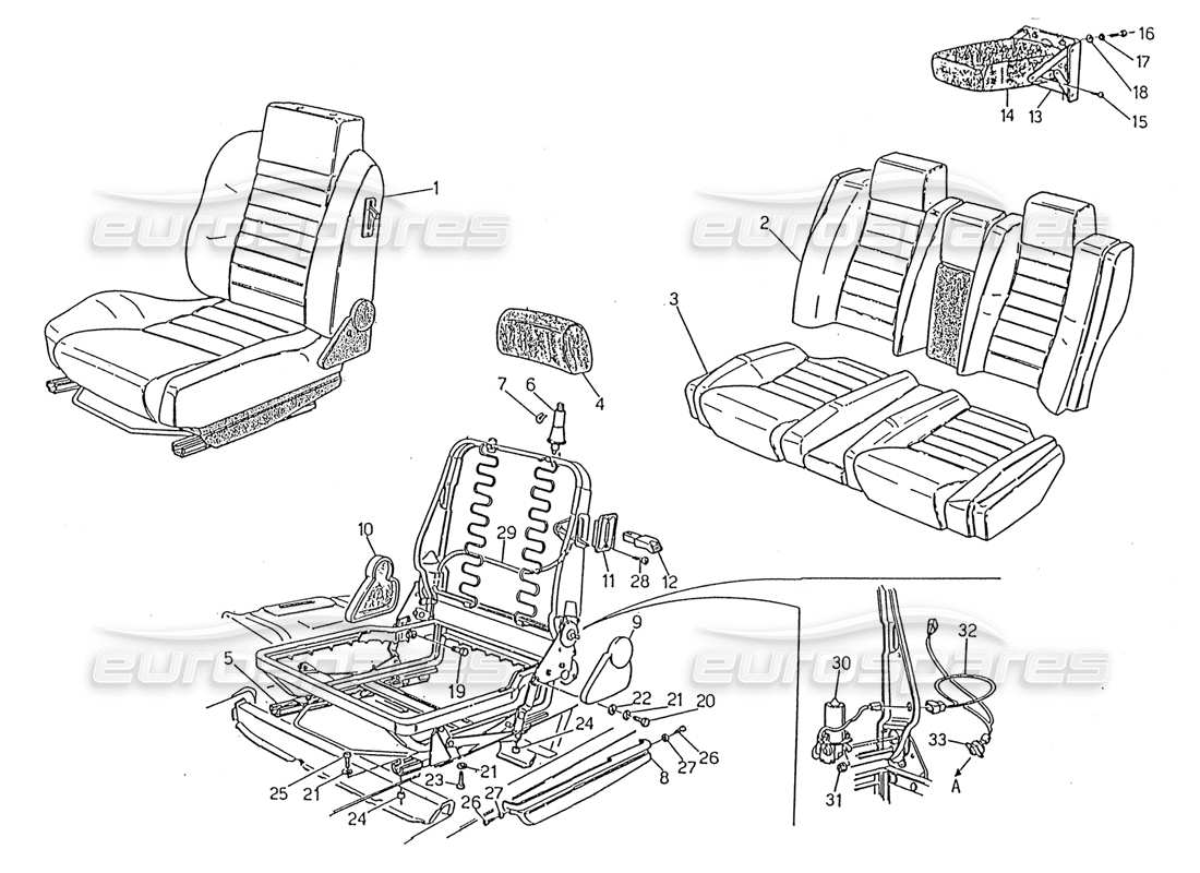 maserati 2.24v diagrama de piezas de los asientos delanteros y traseros