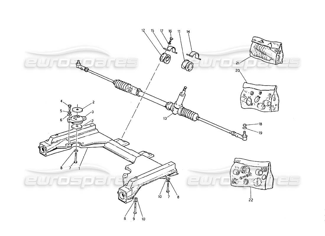 maserati biturbo 2.5 (1984) diagrama de piezas del bastidor auxiliar delantero y de la cremallera de dirección