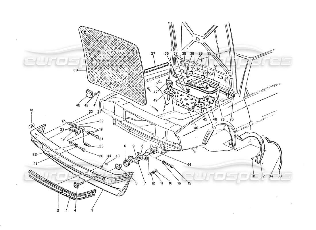 maserati biturbo 2.5 (1984) diagrama de piezas del parachoques delantero y fieltros insonorizados