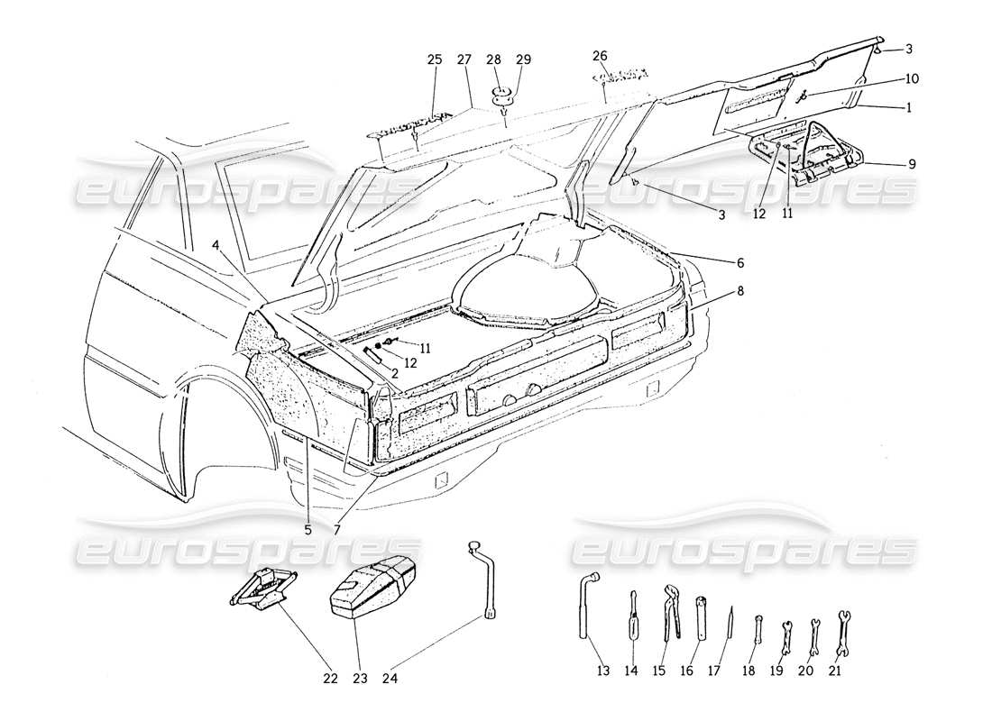 maserati karif 2.8 bota: diagrama de piezas de insignias, alfombras y herramientas