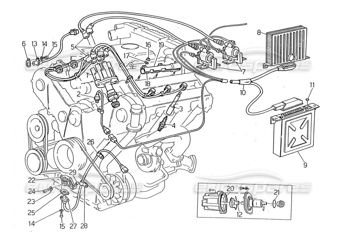 maserati 2.24v sistema de encendido - diagrama de piezas del distribuidor