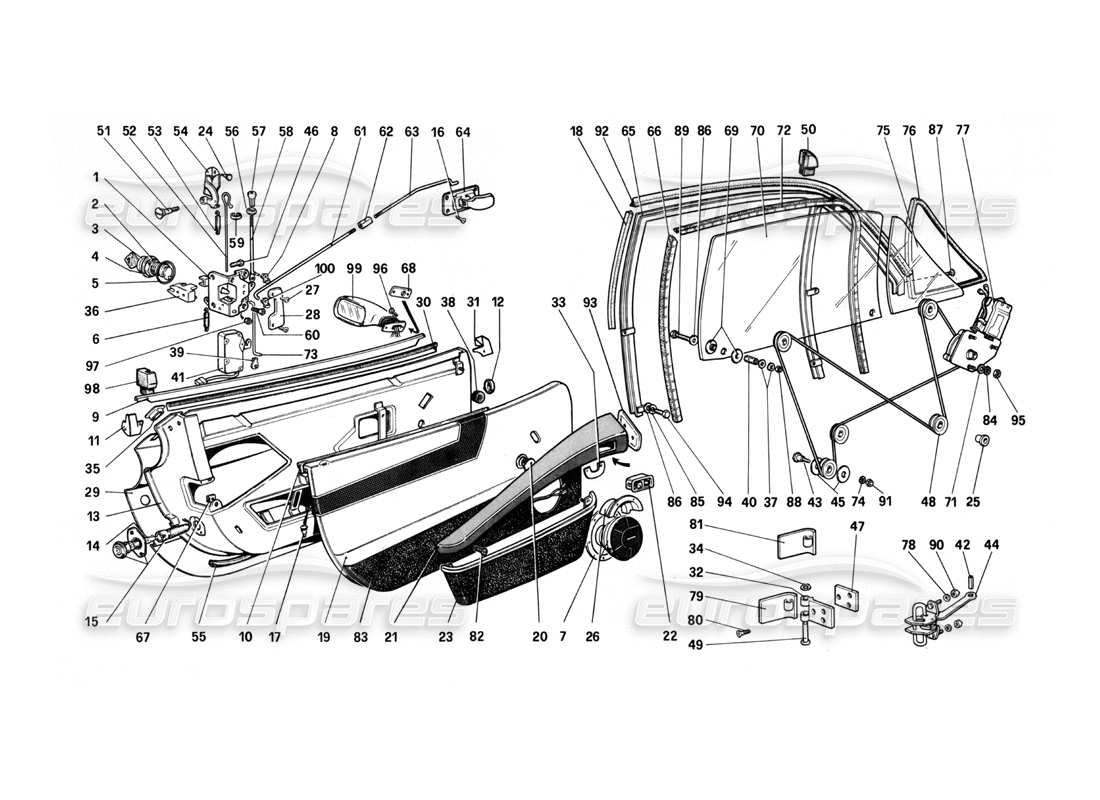 ferrari 208 turbo (1982) diagrama de piezas de puertas