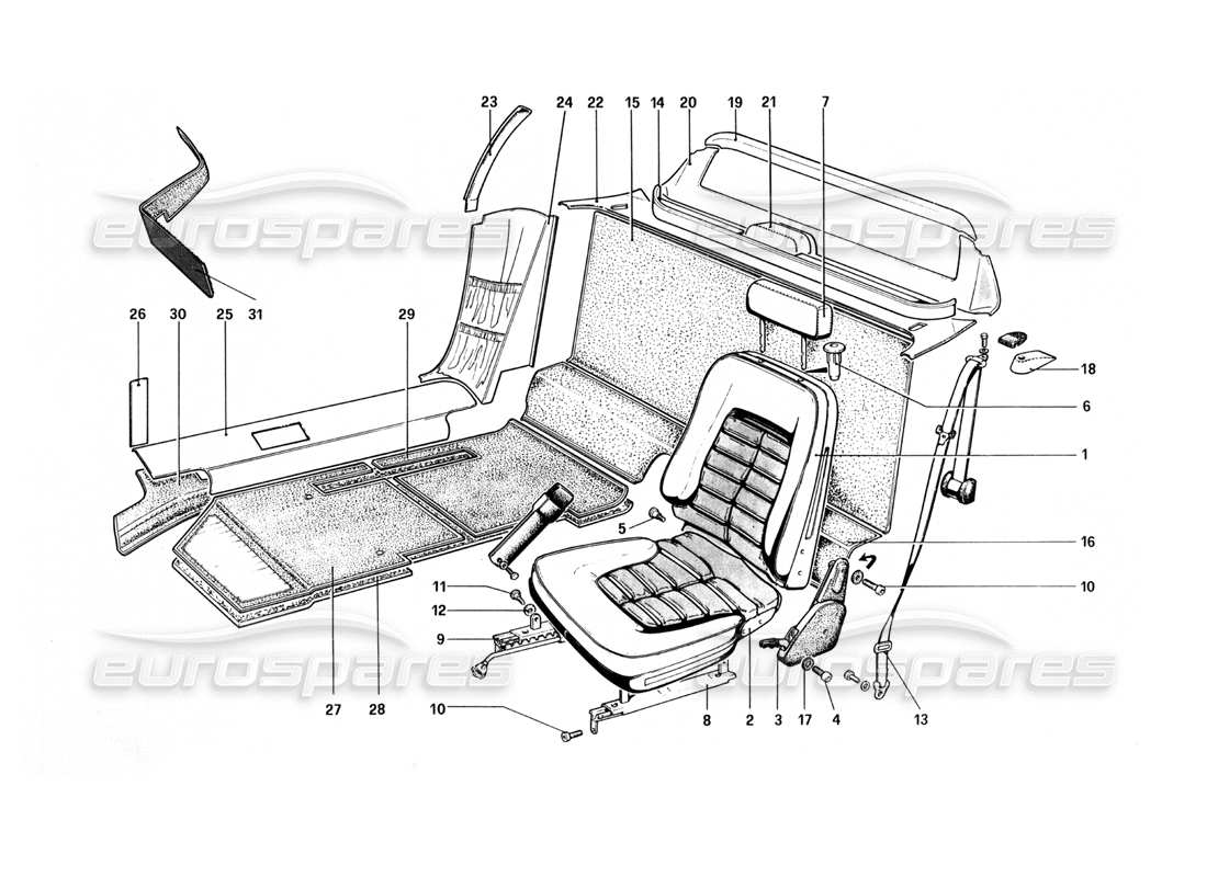 ferrari 512 bbi diagrama de piezas de molduras interiores, accesorios y asientos