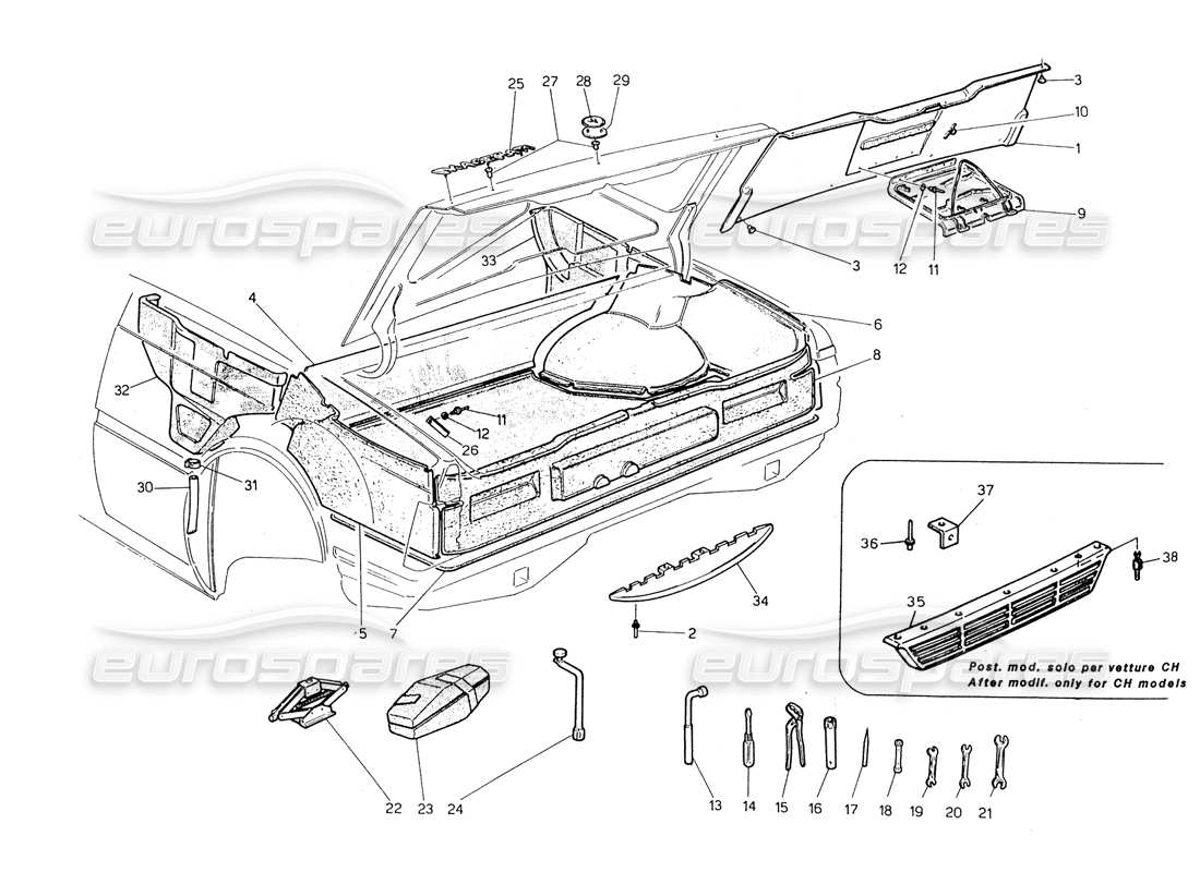 maserati biturbo spider bota: diagrama de piezas de insignias, alfombras y herramientas