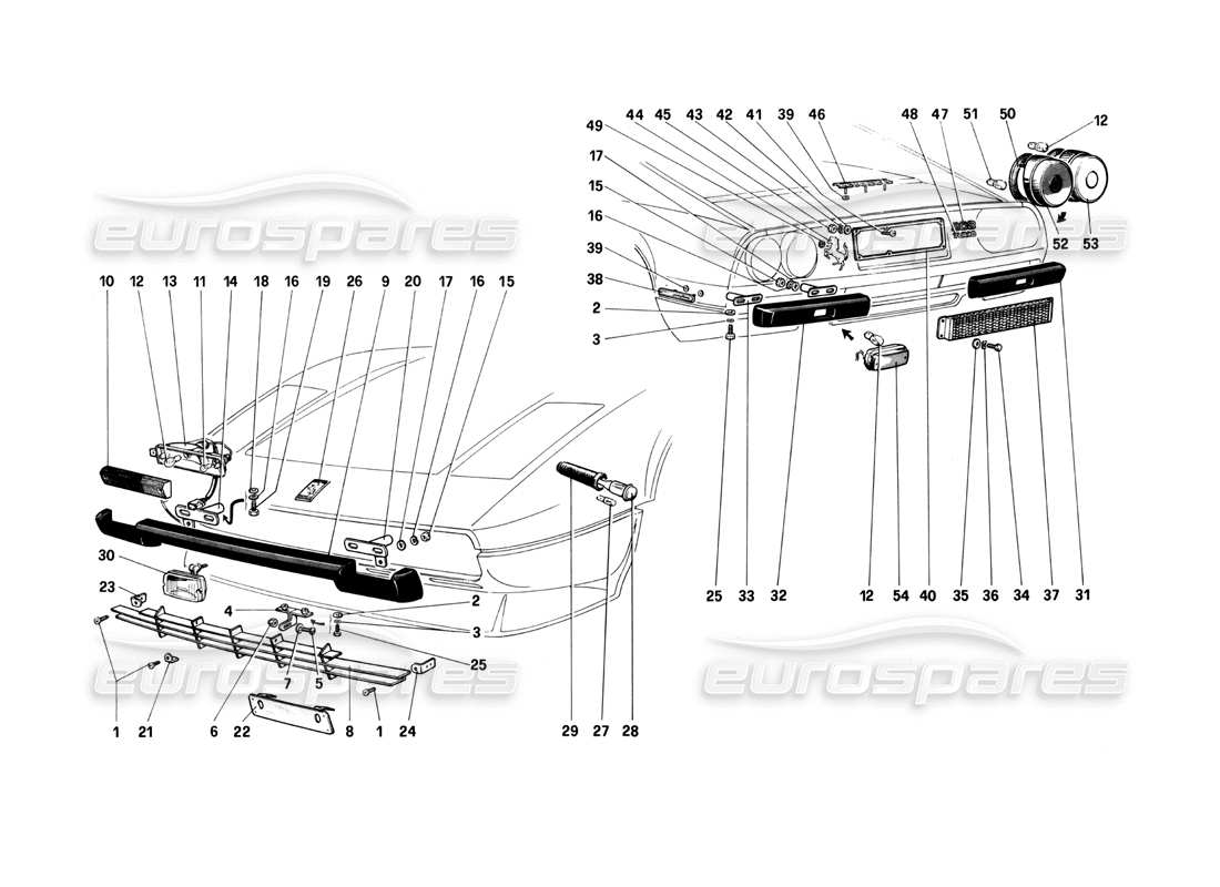 ferrari 208 turbo (1982) diagrama de piezas de parachoques, molduras y luces exteriores