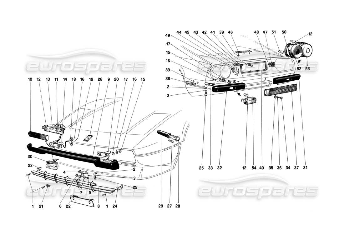 ferrari 208 turbo (1982) parachoques, molduras y luces exteriores diagrama de piezas