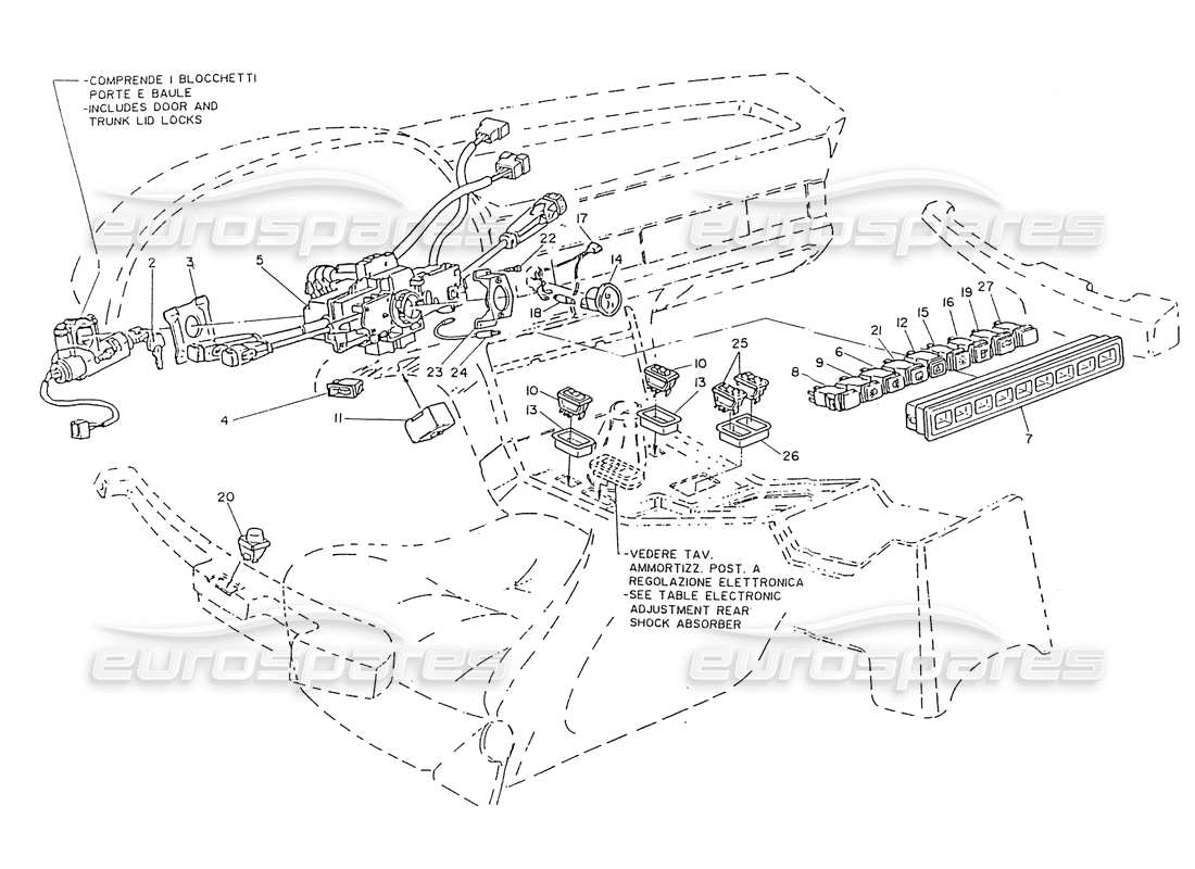 maserati ghibli 2.8 (non abs) interruptores y bloqueo de dirección antirrobo diagrama de piezas