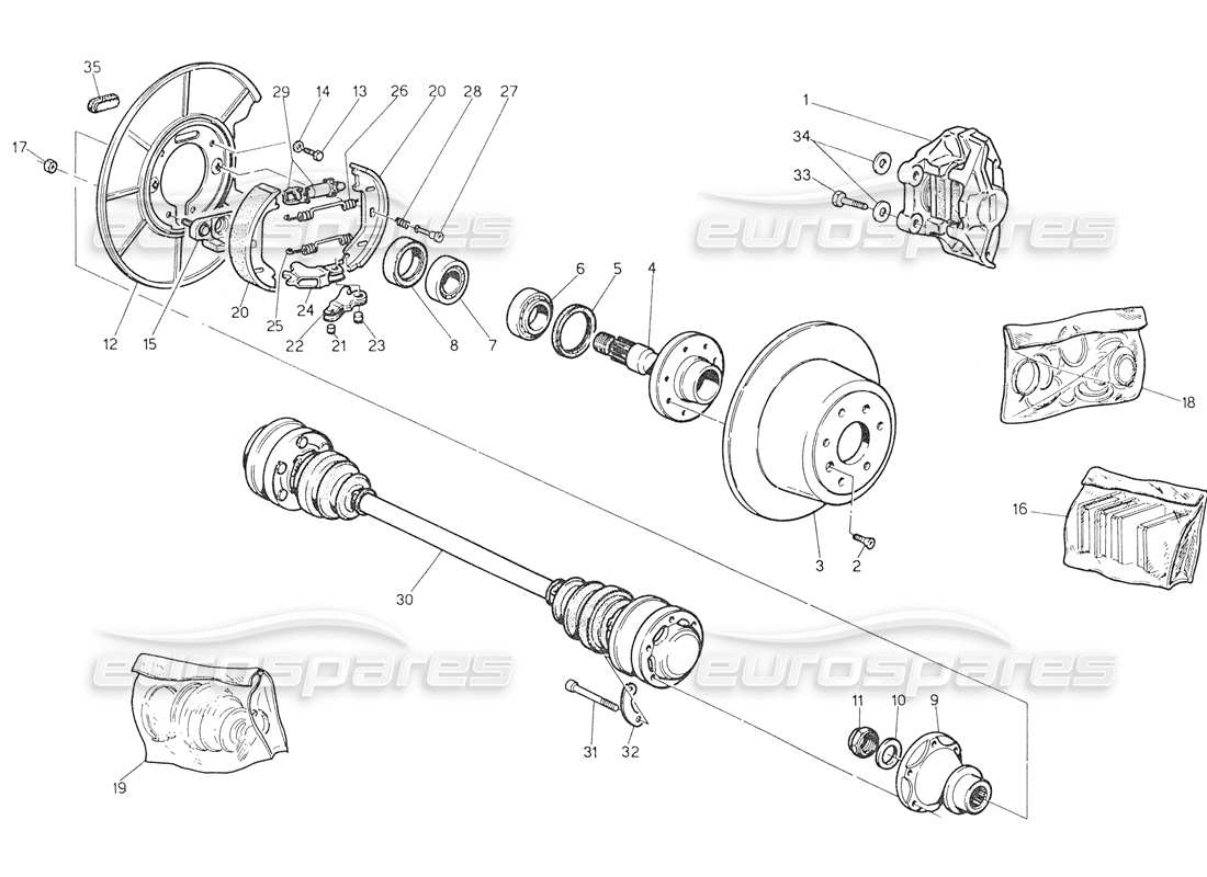 maserati biturbo spider diagrama de piezas de bujes, frenos traseros y ejes de transmisión