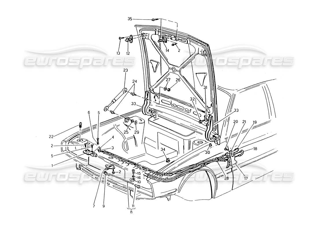 maserati 418 / 4.24v / 430 diagrama de piezas del capó del motor, bisagras y controles de apertura