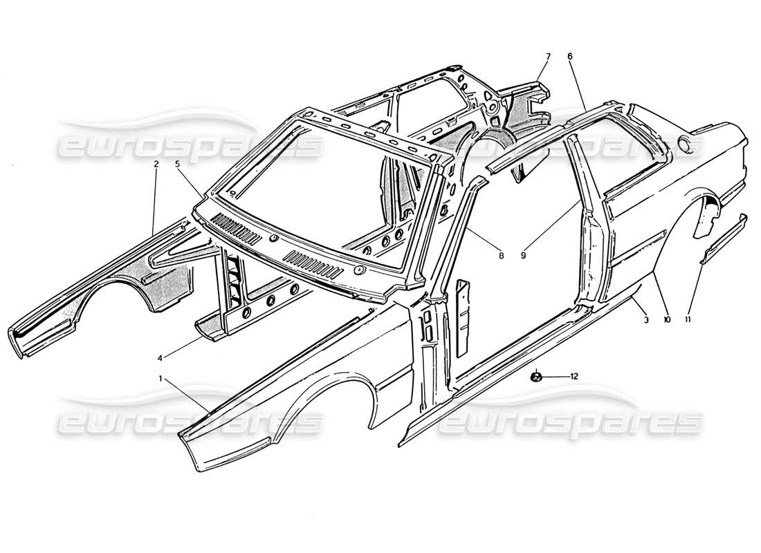 maserati 222 / 222e biturbo carrocería: diagrama de piezas de los paneles exteriores