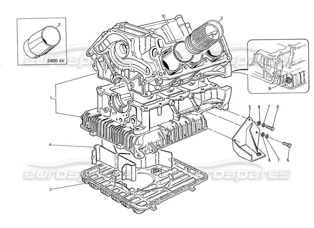 maserati 222 / 222e biturbo bloque de cilindros y cárter de aceite diagrama de piezas