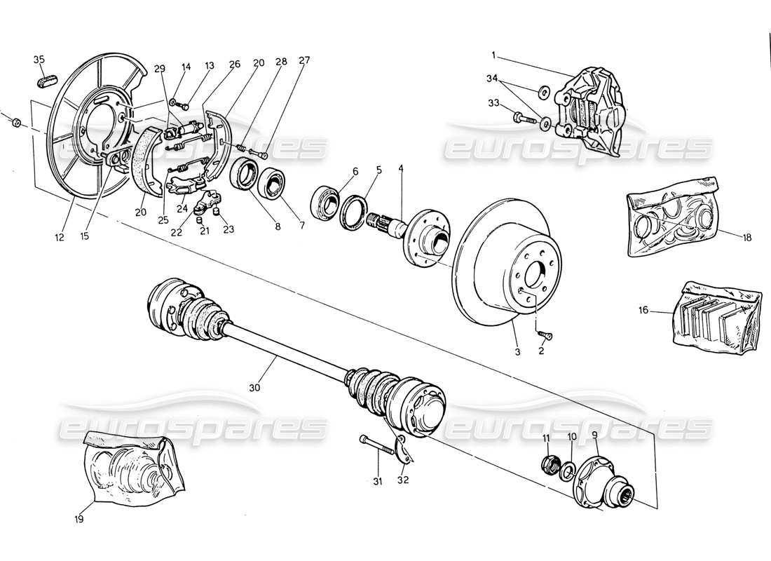 maserati 222 / 222e biturbo diagrama de piezas de bujes, frenos traseros y ejes de transmisión