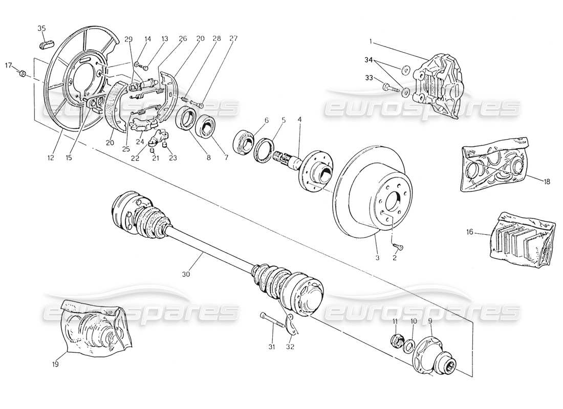 maserati karif 2.8 diagrama de piezas de bujes, frenos traseros y ejes de transmisión