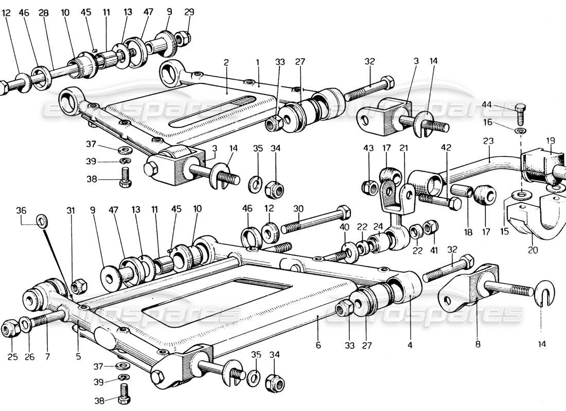 ferrari 365 gt4 2+2 (1973) suspensión trasera - diagrama de piezas de horquillas