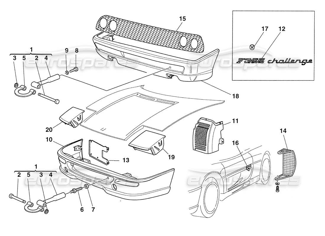 ferrari 355 challenge (1999) diagrama de piezas de elementos externos del cuerpo