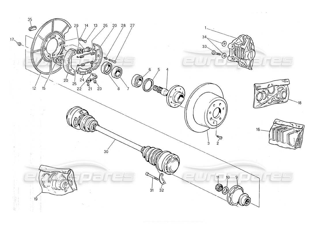 maserati 2.24v diagrama de piezas de bujes, frenos traseros y ejes de transmisión