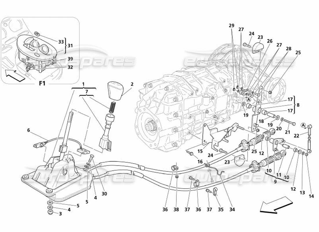 maserati 4200 spyder (2005) diagrama de piezas de los controles exteriores de la caja de cambios