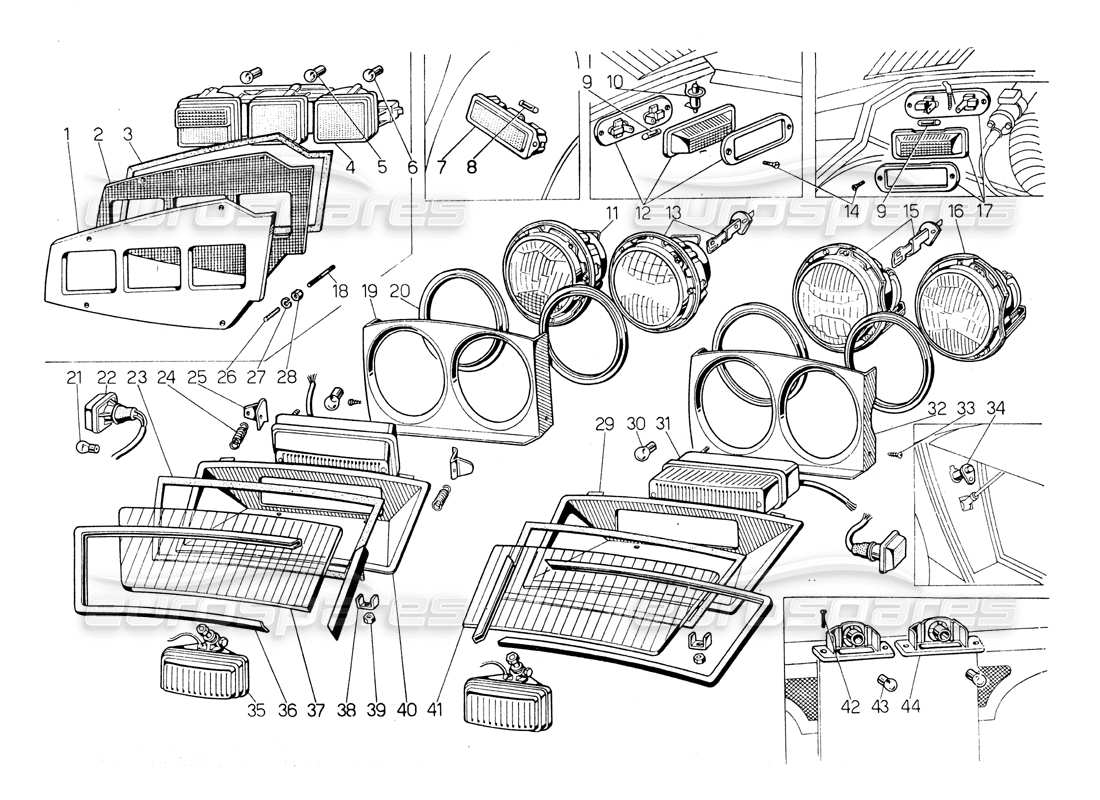 lamborghini countach lp400 faros e indicadores de dirección diagrama de piezas