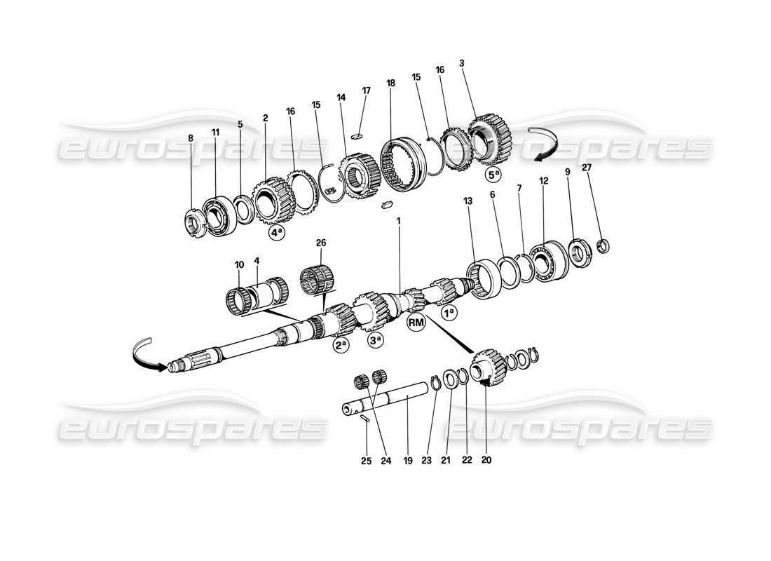 ferrari mondial 3.2 qv (1987) engranajes del eje principal diagrama de piezas