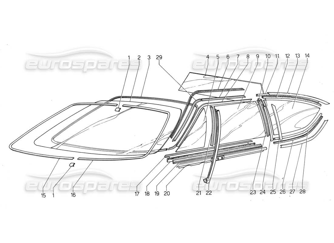 lamborghini urraco p300 diagrama de piezas de parabrisas y gafas