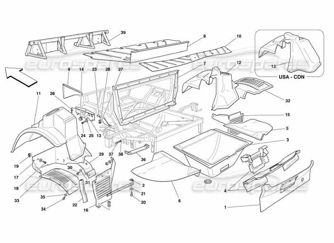 ferrari 550 barchetta diagrama de piezas de estructuras y componentes traseros