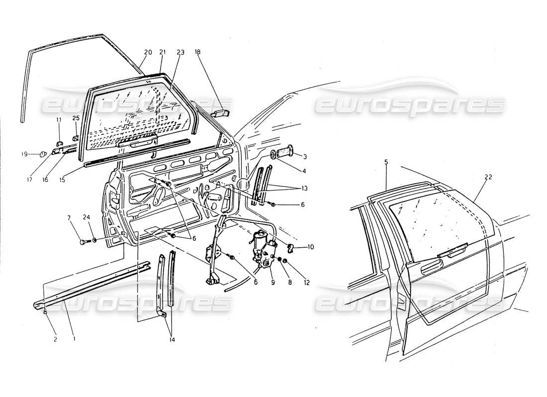 maserati 418 / 4.24v / 430 diagrama de piezas de puertas de entrada, cristales y elevalunas