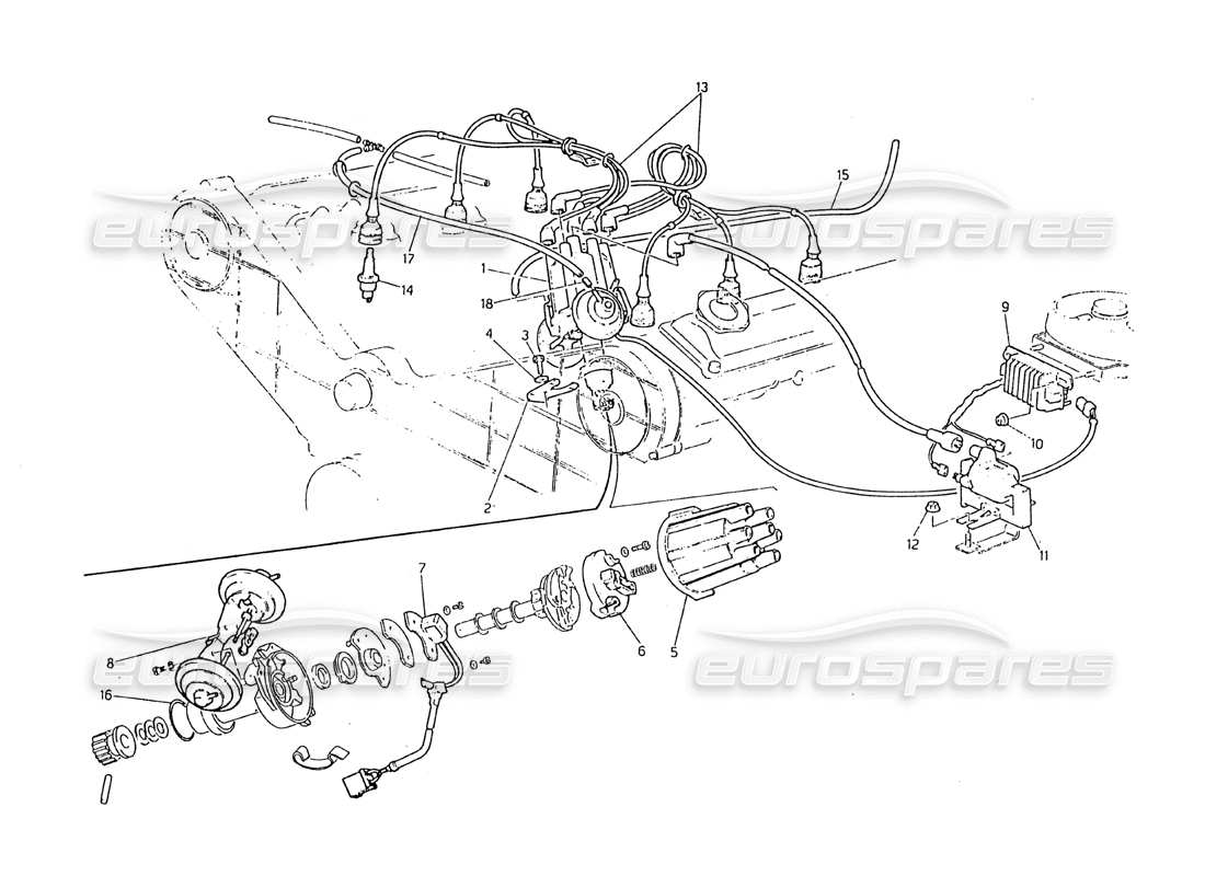 maserati biturbo 2.5 (1984) diagrama de piezas del sistema de encendido y del distribuidor