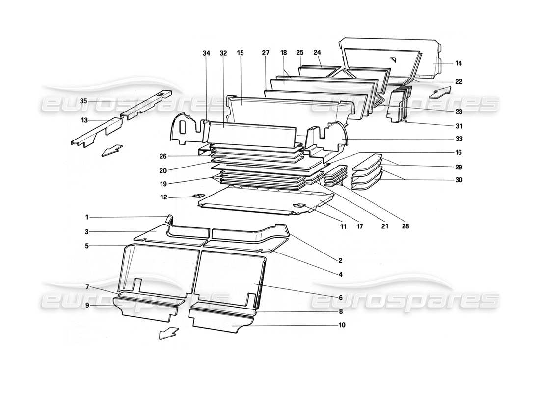 ferrari 208 turbo (1982) diagrama de piezas de aislamiento de los compartimentos de pasajeros y equipaje