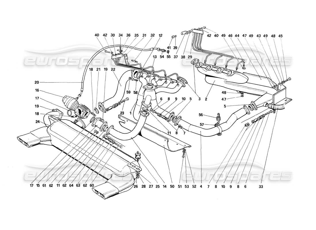 ferrari 208 turbo (1982) diagrama de piezas del sistema de escape