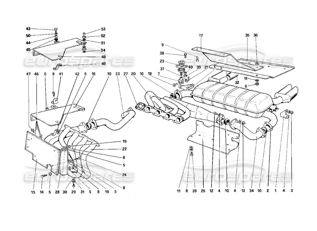 ferrari mondial 3.2 qv (1987) diagrama de piezas del sistema de escape (no para las versiones ee. uu. y sa)
