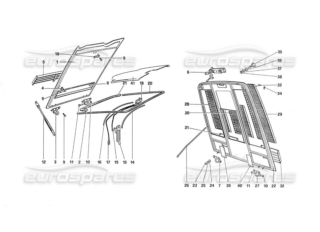 ferrari 288 gto diagrama de piezas del capó delantero y trasero
