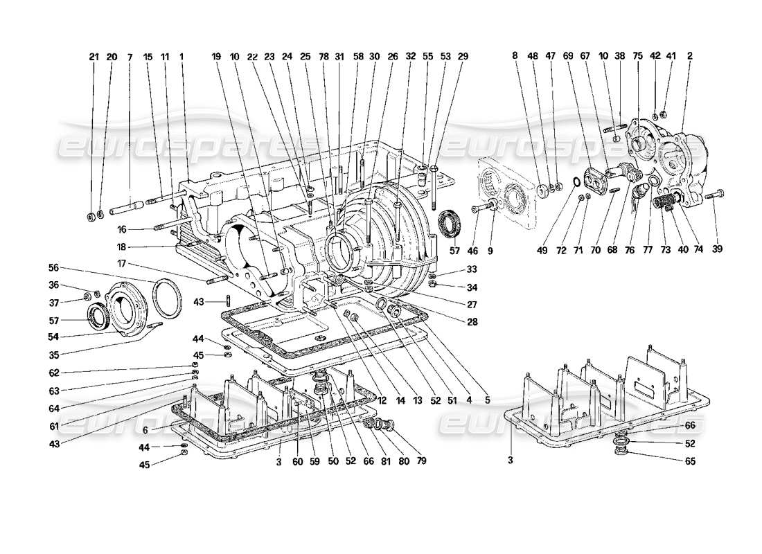ferrari mondial 3.2 qv (1987) caja de cambios - diagrama de piezas de caja de diferencial y cárter de aceite