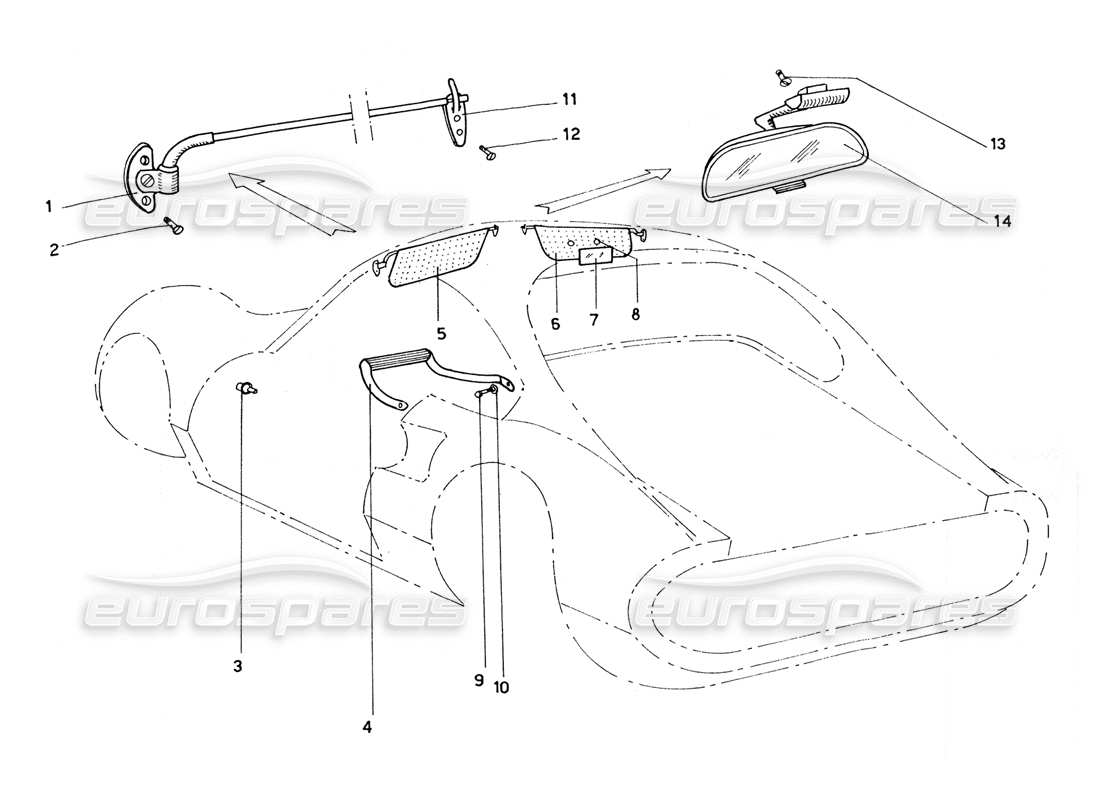 ferrari 206 gt dino (coachwork) diagrama de piezas de parasoles y espejos retrovisores