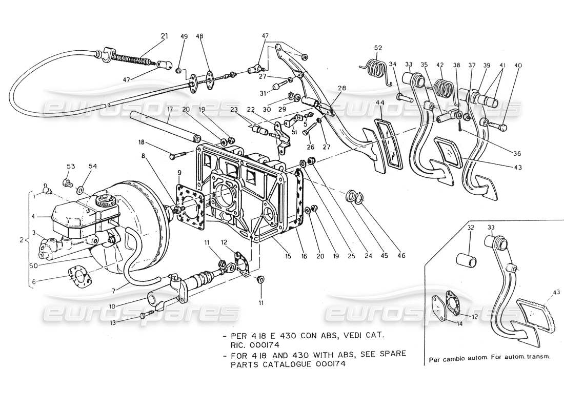maserati 418 / 4.24v / 430 pedalera y servofreno. diagrama de piezas de dirección izquierda
