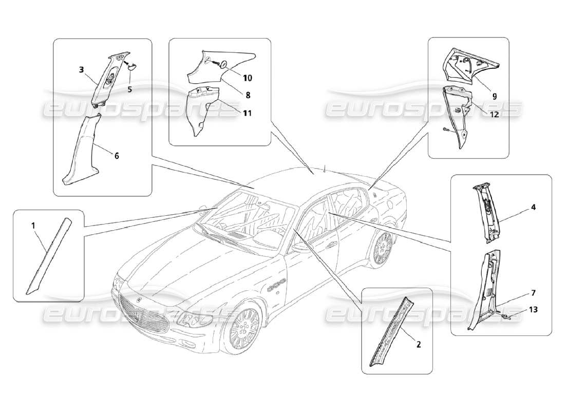 maserati qtp. (2006) 4.2 diagrama de piezas de tapicería del flanco lateral y del pilar del compartimento de pasajeros