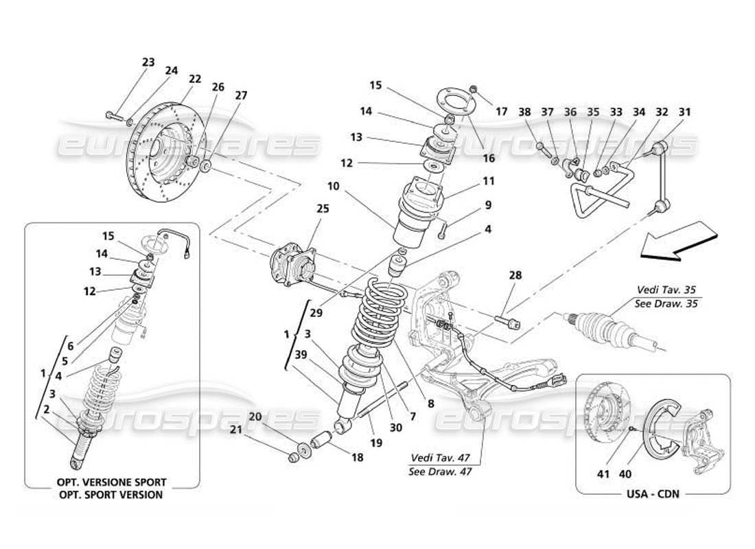 maserati 4200 coupe (2005) suspensión trasera: diagrama de piezas del amortiguador y del disco de freno