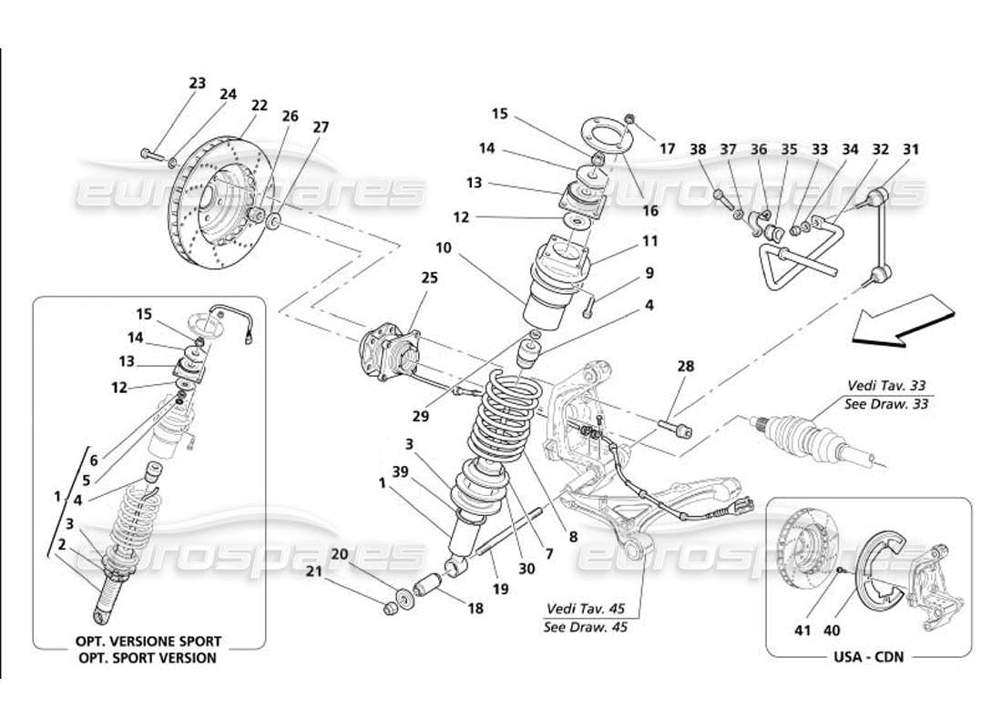 maserati 4200 gransport (2005) suspensión trasera: diagrama de piezas del amortiguador y del disco de freno