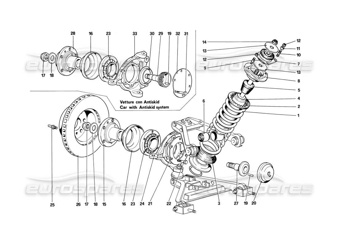 ferrari mondial 3.2 qv (1987) suspensión delantera - amortiguador y disco de freno diagrama de piezas
