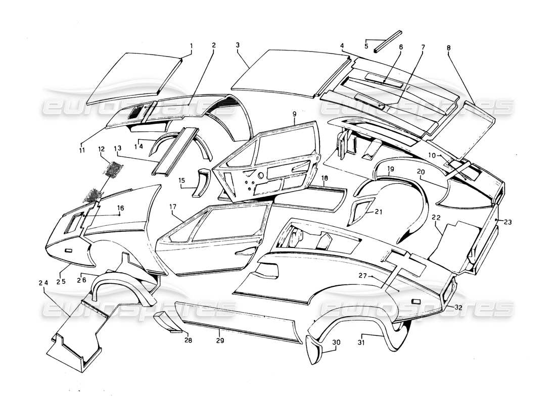 lamborghini countach 5000 qvi (1989) diagrama de piezas de revestimientos exteriores