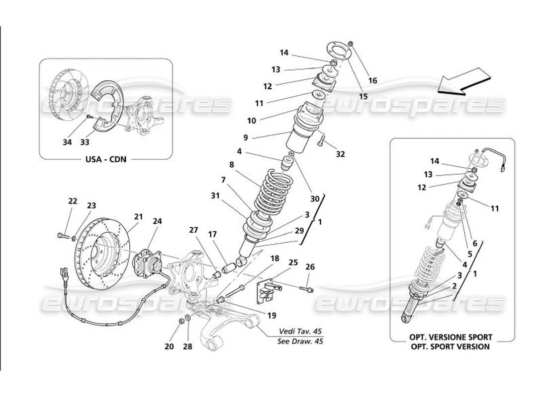 maserati 4200 spyder (2005) suspensión delantera - amortiguador y disco de freno diagrama de piezas