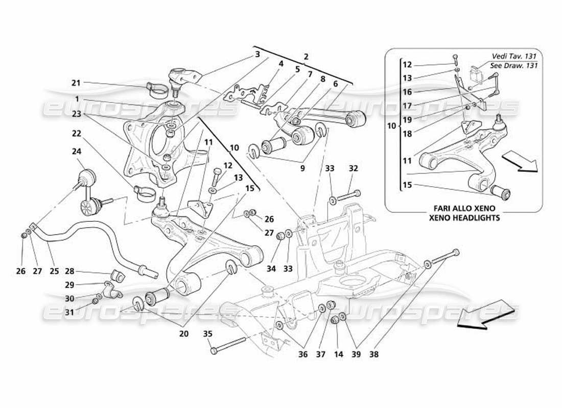 maserati 4200 coupe (2005) suspensión delantera: diagrama de piezas de brazos oscilantes y barra estabilizadora